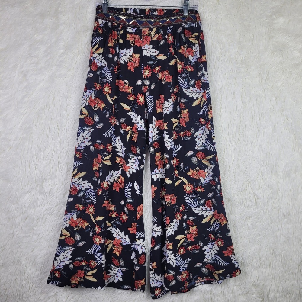 Jaase Floral Wide Leg Palazzo Pants Navy Orange Boho Sequin Waist Small Festival - Picture 1 of 9